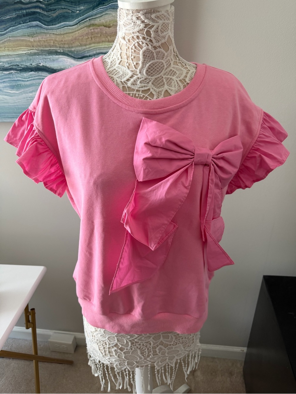 Women's Pink Short Sleeve Top with Oversized Bow and Ruffle Sleeves